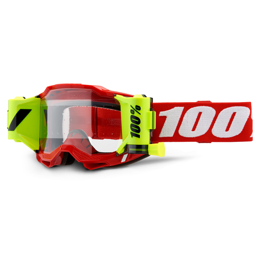 Bill's Exhausts 100% Accuri 2 Forecast Goggles in neon red with clear lenses, designed for motocross and off-road riding.
