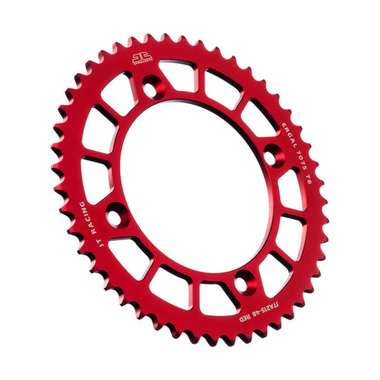 JT RaceLite aluminum rear sprocket with 48 teeth for 420 chains, featuring a vibrant red finish and lightweight design.