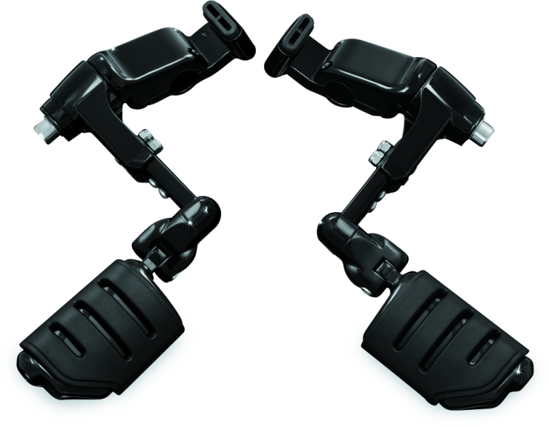 Kuryakyn Ergo III adjustable cruise mount with Trident Dually ISO pegs in glossy black, designed for motorcycle comfort.