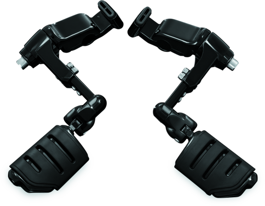 Kuryakyn Ergo III adjustable cruise mount with Trident Dually ISO pegs in glossy black, designed for motorcycle comfort.