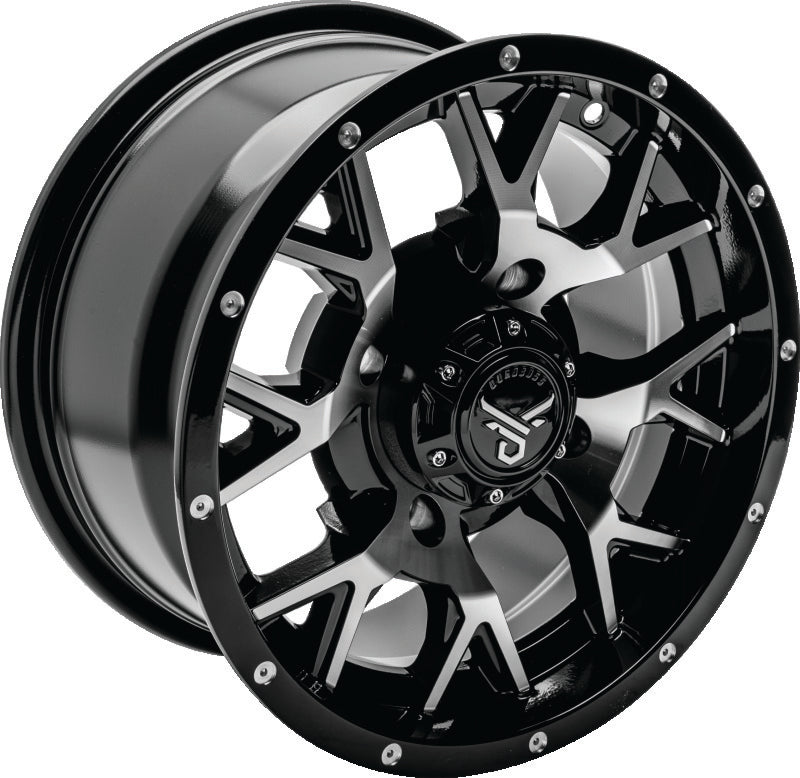 QuadBoss aluminum wheels featuring a 14x7 barbwire design, part number 608574, suitable for off-road or utility vehicles