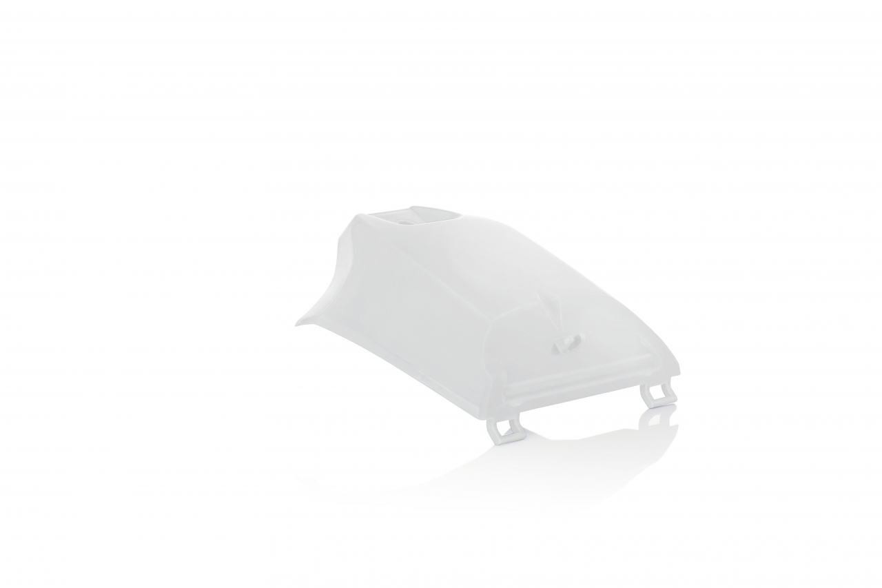 White ACERBIS tank cover for motorcycle body, designed for durability and a sleek finish, compatible with various models