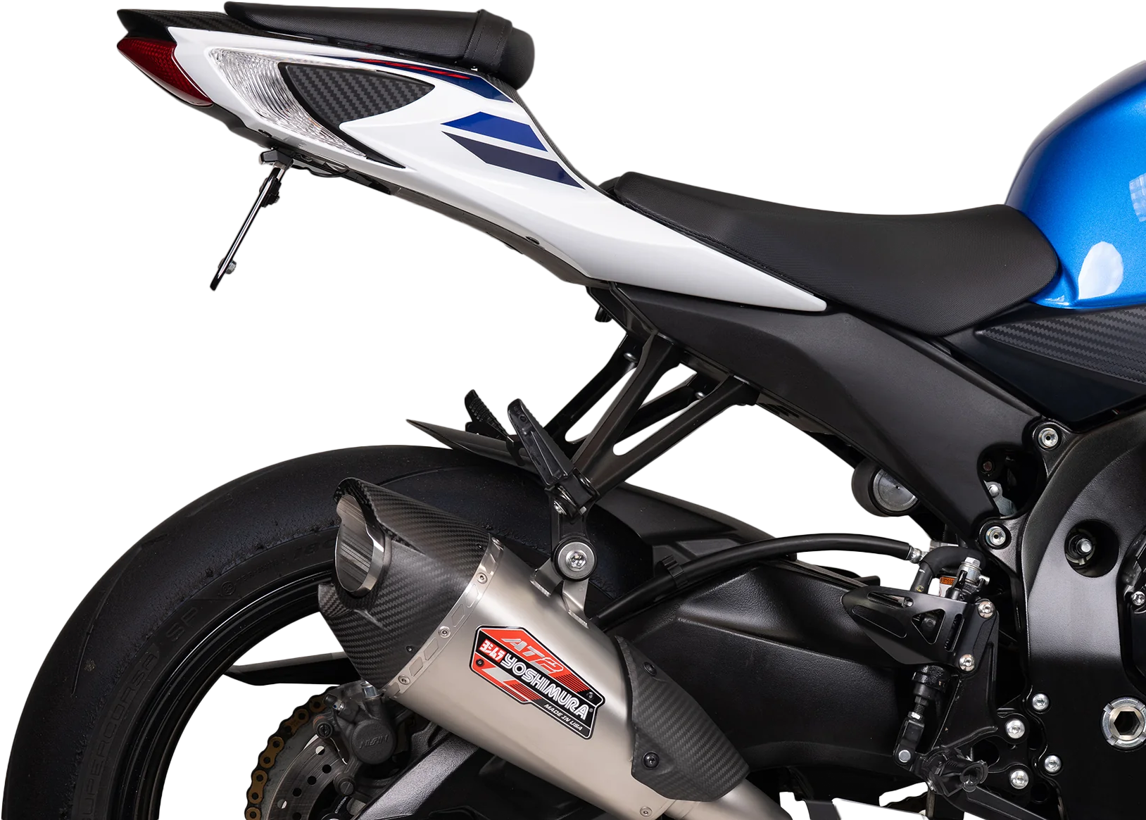 YOSHIMURA Fender Eliminator V2 Base for Suzuki GSX-R600/750 motorcycle, showing sleek black mounting bracket and tail light cutout.