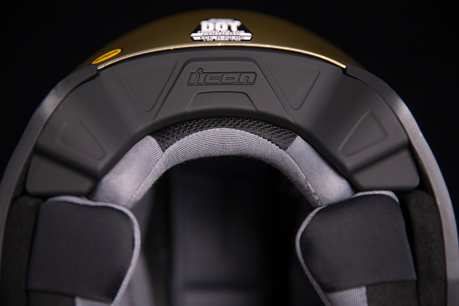 Bill's Exhausts ICON Airflite™ Helmet in Jewel Gold with MIPS® technology, medium size, detailed view of aerodynamic helmet design.