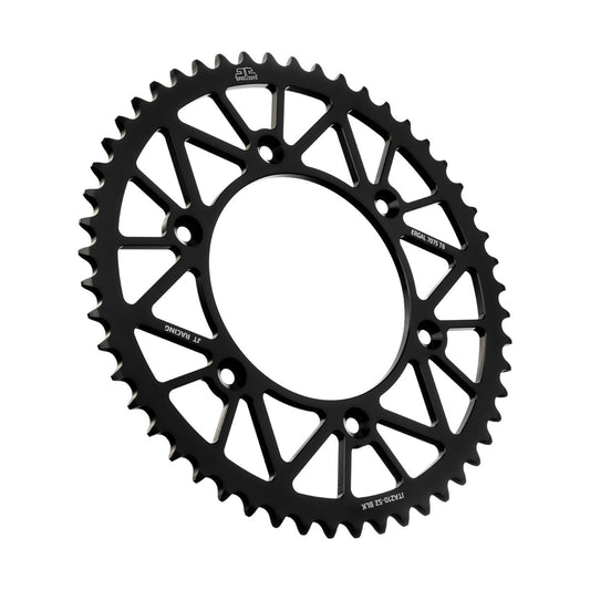 Black JT Rear RaceLite 52-tooth aluminum sprocket for 520 chain, showcasing a lightweight, durable bike sprocket.