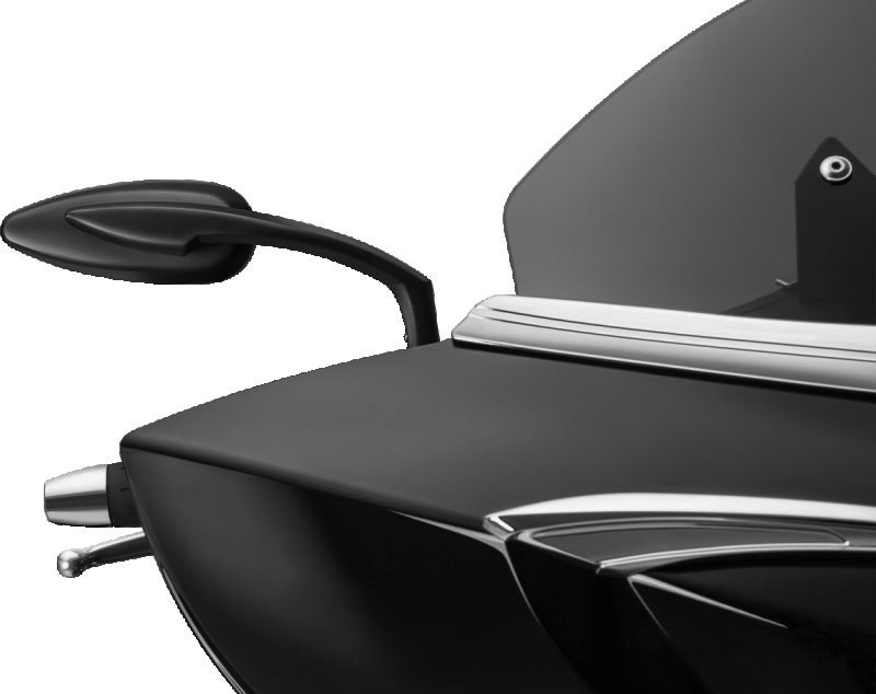 Kuryakyn Teardrop Mirrors in satin black with convex glass for enhanced rear visibility on motorcycle. Streamlined aluminum design.