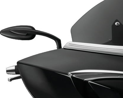 Kuryakyn Teardrop Mirrors in satin black with convex glass for enhanced rear visibility on motorcycle. Streamlined aluminum design.