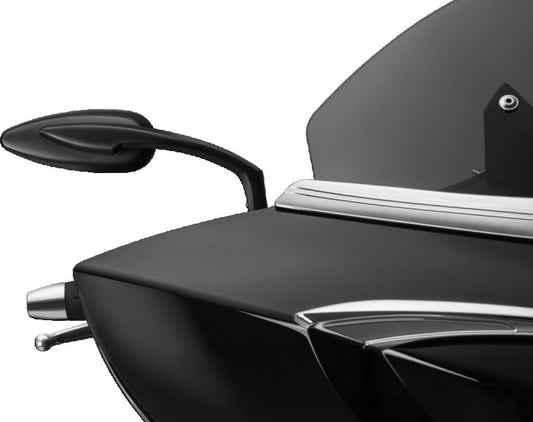 Kuryakyn Teardrop Mirrors in satin black with convex glass for enhanced rear visibility on motorcycle. Streamlined aluminum design.