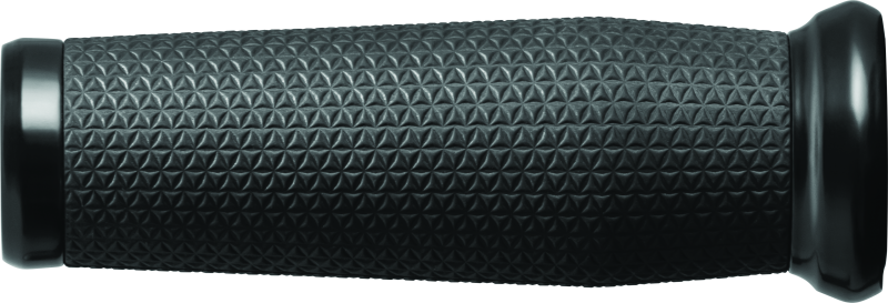 Kuryakyn Thresher black motorcycle grips with shark tooth knurling and bar end caps, designed for 7/8 inch handlebars.