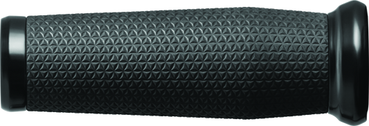 Kuryakyn Thresher black motorcycle grips with shark tooth knurling and bar end caps, designed for 7/8 inch handlebars.