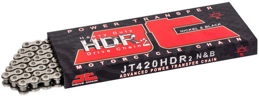 JT Chain HDR Heavy Duty 420 motorcycle chain with 110 links, designed for off-road bikes, shown in the image.