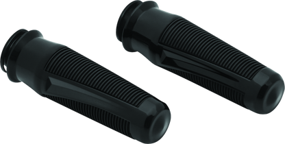 Black Kuryakyn Phantom grips for Indian motorcycles, part #5787, featuring textured rubber with chrome accents and ergonomic design.