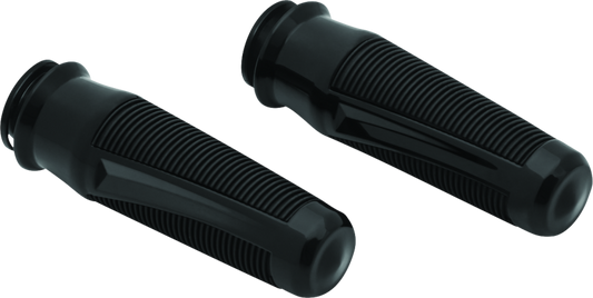 Black Kuryakyn Phantom grips for Indian motorcycles, part #5787, featuring textured rubber with chrome accents and ergonomic design.
