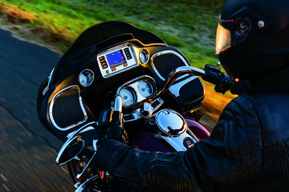 Chrome Kuryakyn push-button fuel door latch for Harley-Davidson Touring bikes, featuring a sleek, durable design.
