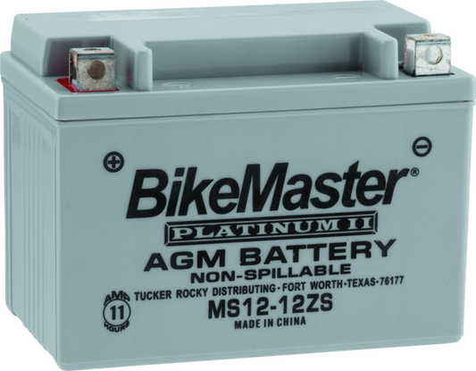 BikeMaster AGM Battery MS12-12ZS with positive and negative terminals, compact design, and durable casing for motorcycle use.