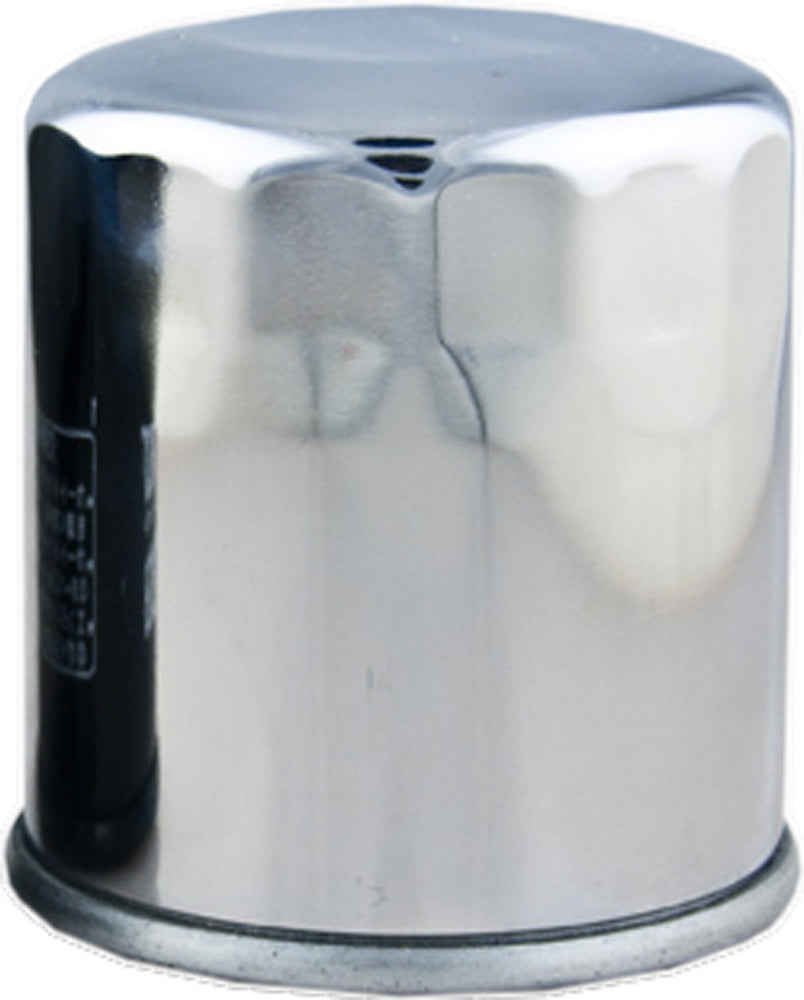 HIFLOFILTRO HF303C chrome motorcycle oil filter with metal casing and rubber seal, designed for motorcycle engine oil filtration