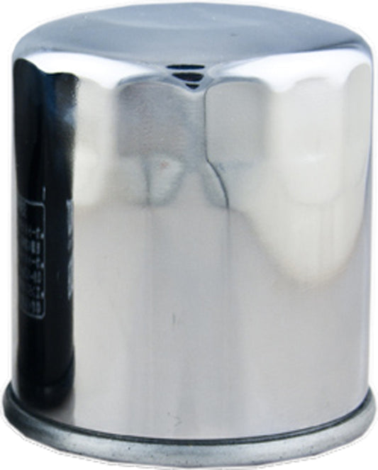 HIFLOFILTRO HF303C chrome motorcycle oil filter with metal casing and rubber seal, designed for motorcycle engine oil filtration