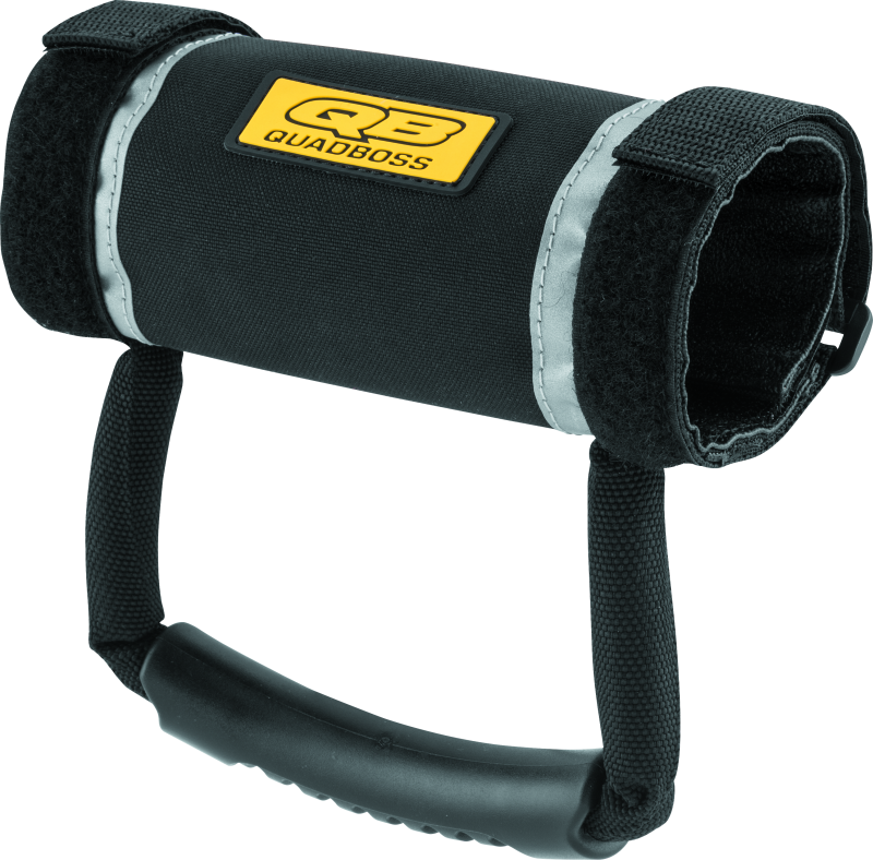 Black QuadBoss reflective grab handle for UTVs, part number 156148, shown mounted on vehicle for easy gripping and safety.