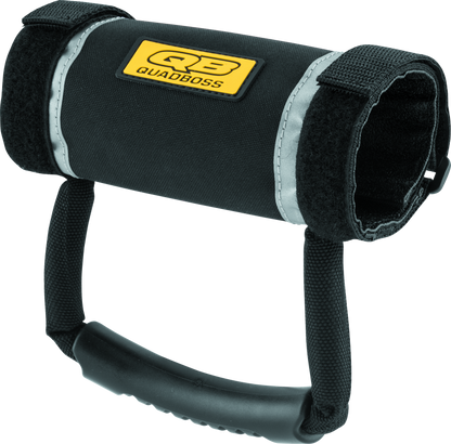 Black QuadBoss reflective grab handle for UTVs, part number 156148, shown mounted on vehicle for easy gripping and safety.