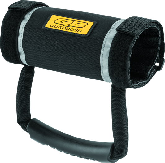 Black QuadBoss reflective grab handle for UTVs, part number 156148, shown mounted on vehicle for easy gripping and safety.