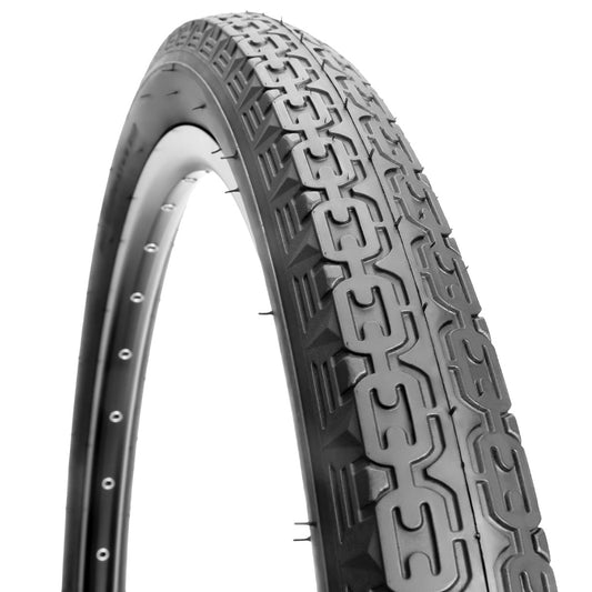 Hycline Chain Cruises 26-inch by 2.125-inch bicycle tire installed on a bike wheel, showcasing durable rubber tread for road riding.