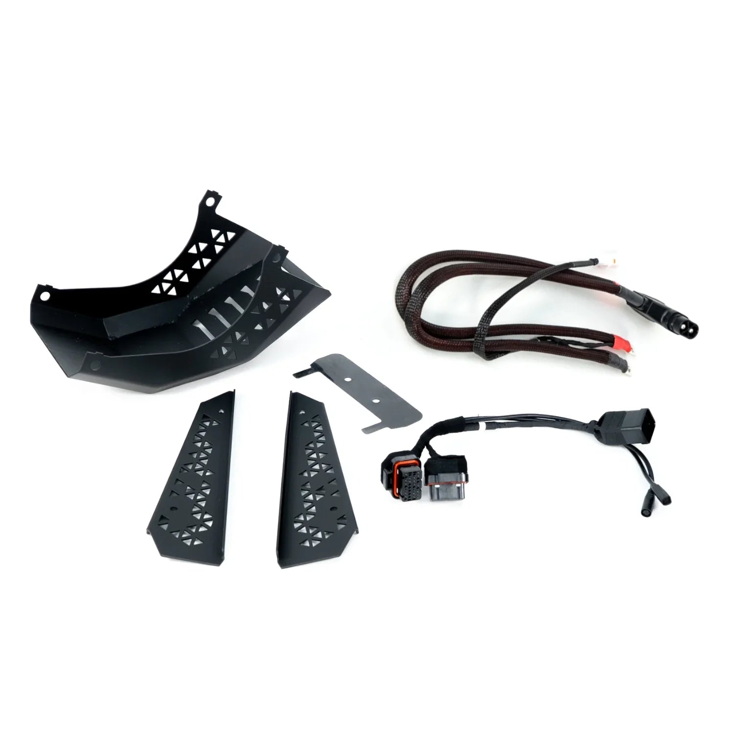 EBMX X-9000-V3 E-Ride Pro 2.0 controller harness, mounting kit, and bashguard by Charged Powersports, shown with installation components
