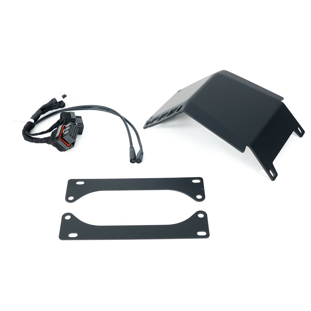 EBMX X-9000-V3 Talaria XXX controller harness brackets and bashguard by Charged Powersports, showing mounting components and protective guards.