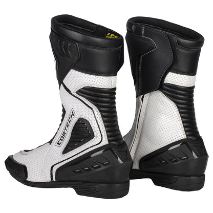 Cortech men's Apex RR Air Boot in white with protective armor and ventilation panels for riding comfort and safety.