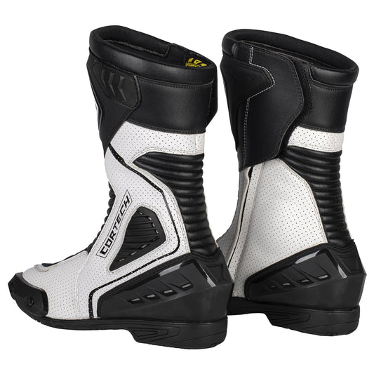 Cortech men's Apex RR Air Boot in white with protective armor and ventilation panels for riding comfort and safety.