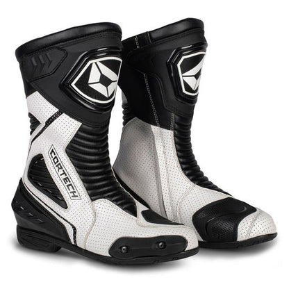 White Cortech Men's Apex RR Air Boot, motorcycle riding boots with protective design and breathable materials, shown from the side.