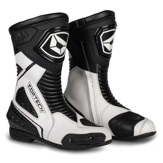 White Cortech Men's Apex RR Air Boot, motorcycle riding boots with protective design and breathable materials, shown from the side.