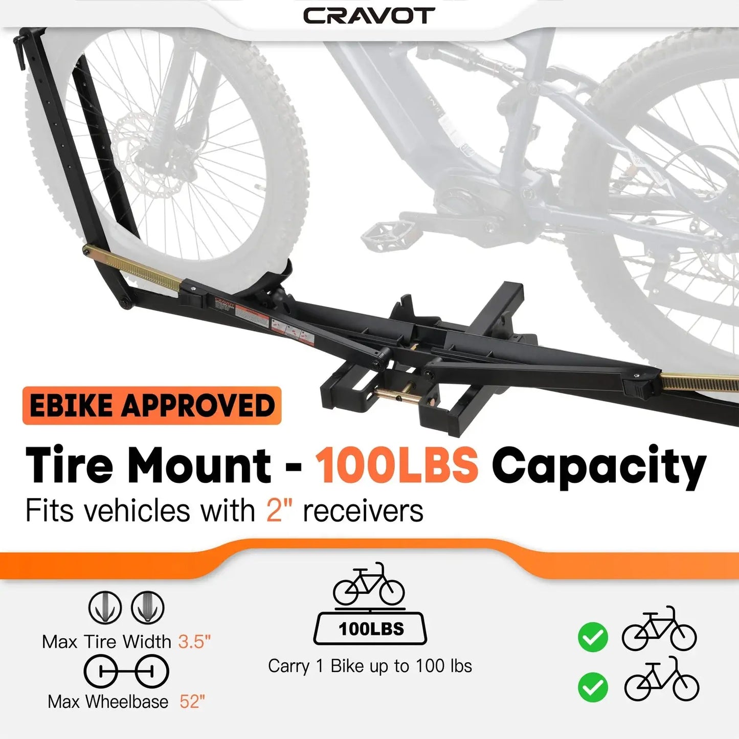 CRAVOT MagRack X1 foldable hitch bike rack by eJOEbike with 2-inch receiver and 100 lb capacity, shown mounted on a vehicle.