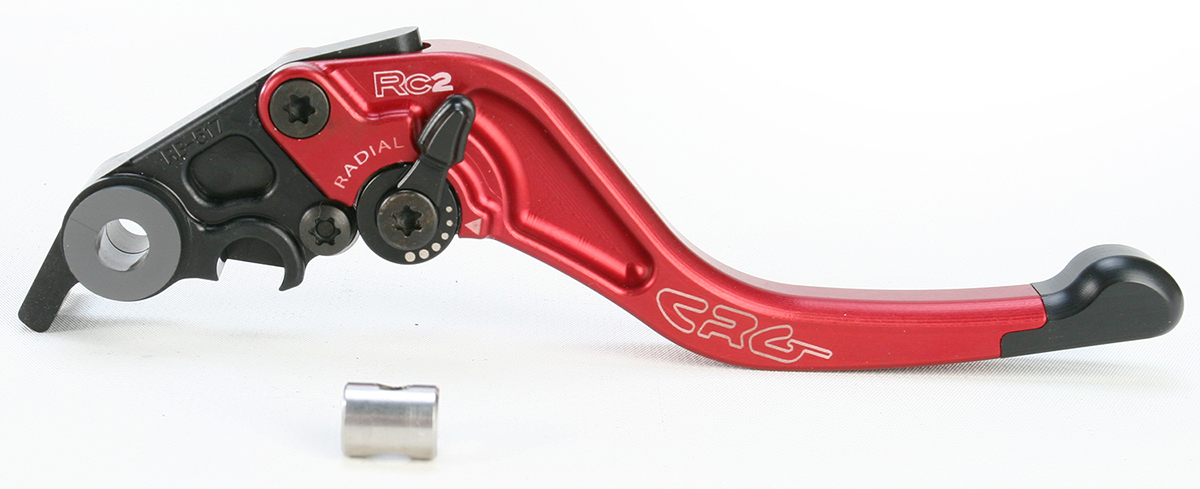 CRG RC2 Shorty Brake Lever in red, designed for motorcycle brakes, with part number 2RB-517-H-R, showcasing ergonomic design and vibrant color.