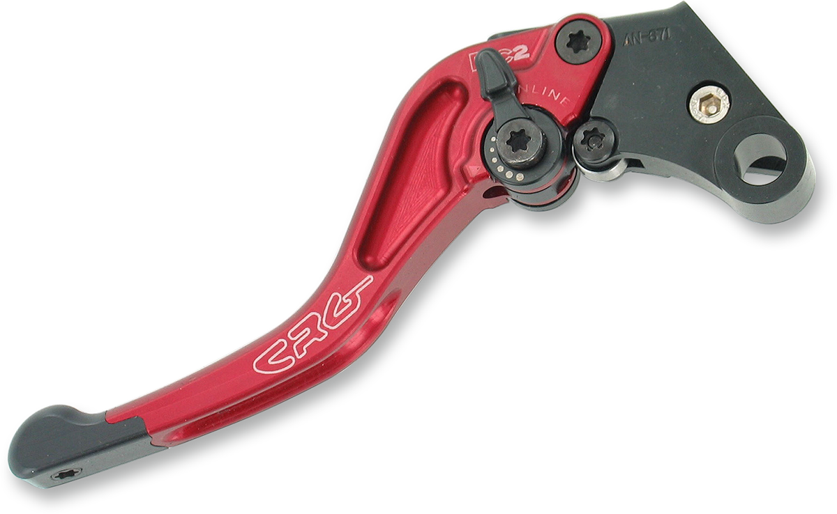 Red CRG RC2 Shorty Clutch Lever with black adjuster and mounting hardware for motorcycle clutch control.