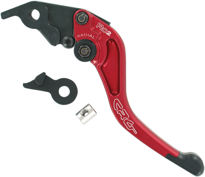 Red CRG RC2 Shorty Clutch Lever for motorcycles, showcasing the compact design and vibrant finish.