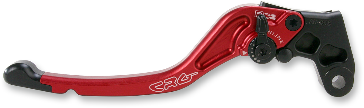 CRG RC2 standard clutch lever in red with replaceable Delrin tips, motorcycle racing part, part number 2AN-642-T-R.