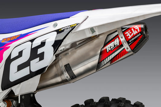 YOSHIMURA RS-4 slip-on exhaust for Yamaha YZ250F motorcycle, featuring polished metal finish and compact design.