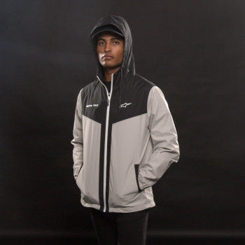 Black and silver ALPINESTARS Plex jacket in medium size, featuring a sleek design and durable fabric.