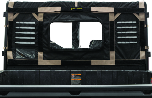 Polycarbonate rear window for Polaris Ranger XP and Crew models by QuadBoss, showing the sturdy, clear protective window.