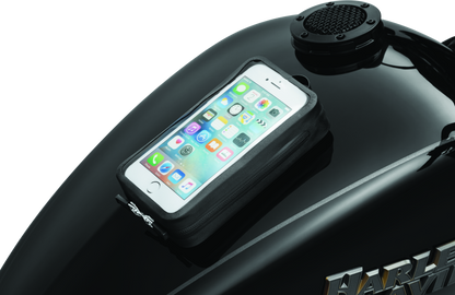 Kuryakyn Magnetic Device Tank Pouch in black holding a cell phone and GPS on a powersports vehicle.