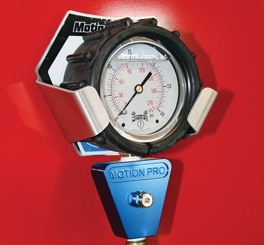 MOTION PRO professional tire pressure gauge holder in black, designed to securely hold tire pressure gauges.