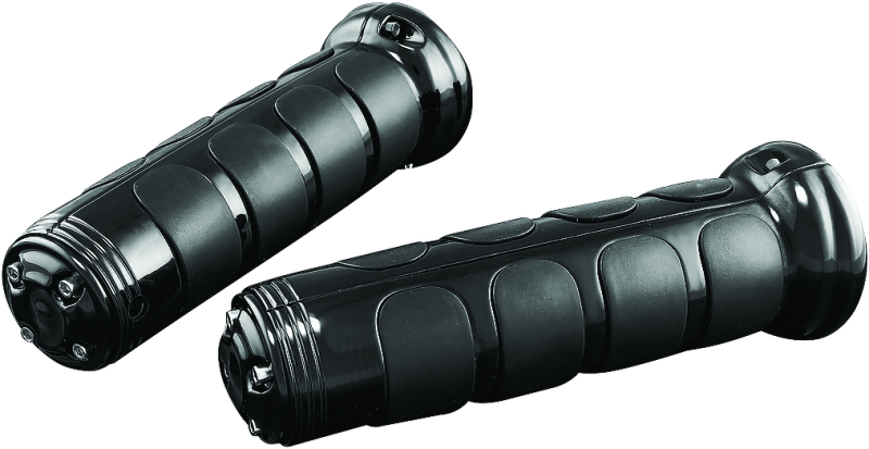 Kuryakyn ISO-Grips with OEM heated grips on a Honda GL1800 Gold Wing motorcycle, showing textured rubber grips and control components.