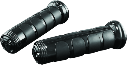 Kuryakyn ISO-Grips with OEM heated grips on a Honda GL1800 Gold Wing motorcycle, showing textured rubber grips and control components.
