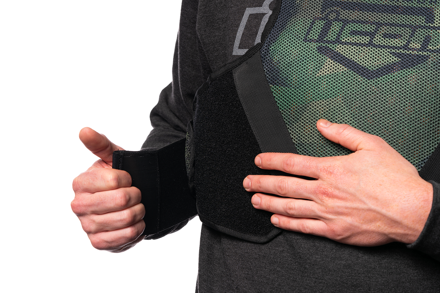 Bill's Exhausts ICON Softcore™ vest in green camo, small/medium size, featuring a lightweight design and camouflage pattern.