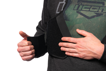 Bill's Exhausts ICON Softcore™ vest in green camo, small/medium size, featuring a lightweight design and camouflage pattern.