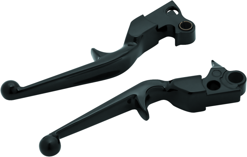 Kuryakyn Trigger Lever Set in gloss black for 1996+ Harley-Davidson Touring bikes, showing close-up of lever design and finish.