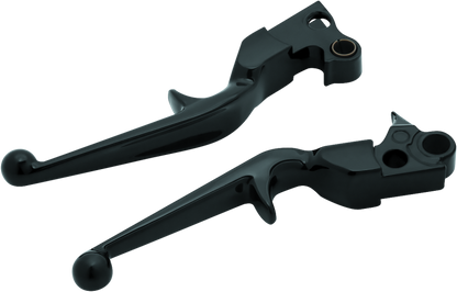 Kuryakyn Trigger Lever Set in gloss black for 1996+ Harley-Davidson Touring bikes, showing close-up of lever design and finish.
