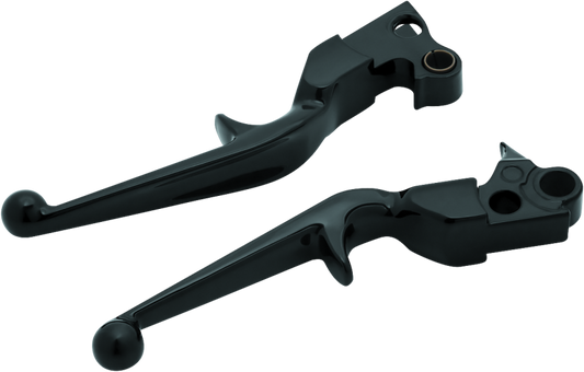 Kuryakyn Trigger Lever Set in gloss black for 1996+ Harley-Davidson Touring bikes, showing close-up of lever design and finish.