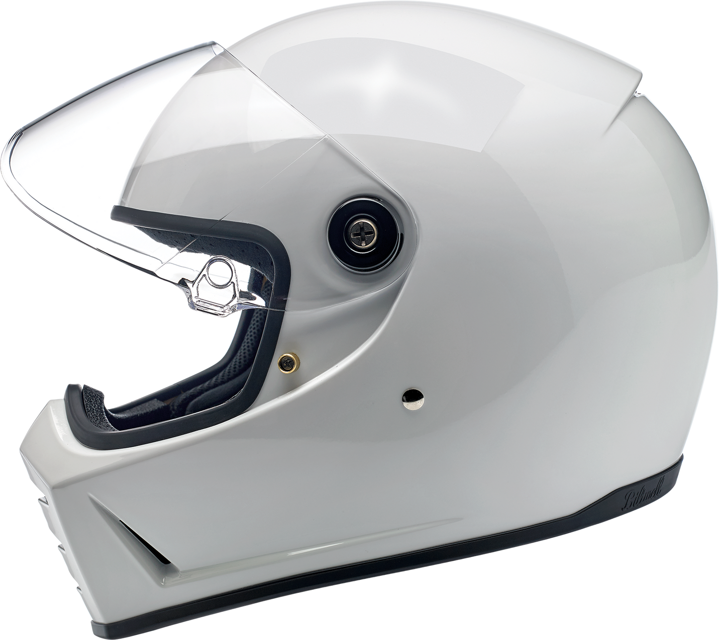Gloss white Biltwell Lane Splitter motorcycle helmet in XL size, featuring a smooth, aerodynamic design and secure strap system.