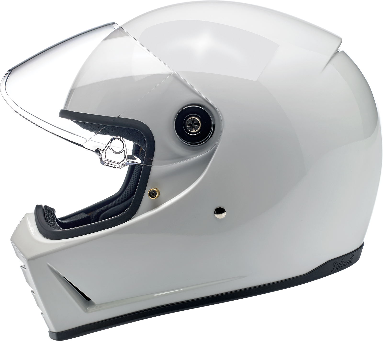 Gloss white Biltwell Lane Splitter motorcycle helmet in XL size, featuring a smooth, aerodynamic design and secure strap system.